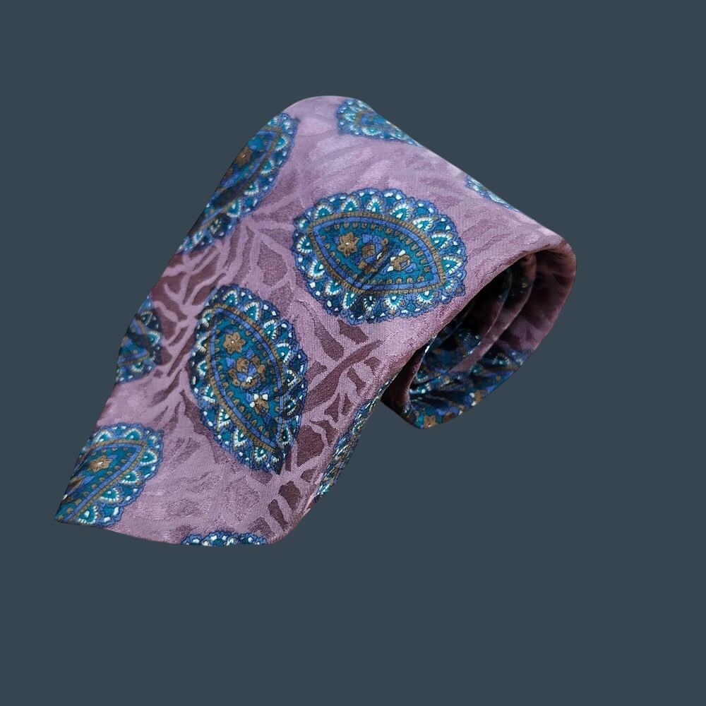 Linea Moda Mens 100% Silk Paisley Tie Purple & Green Fabric From Italy